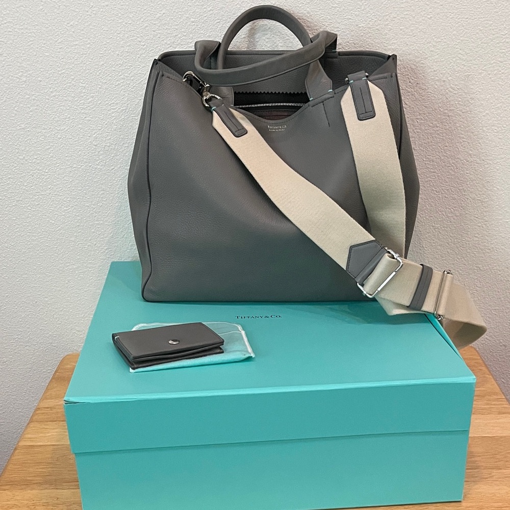 Tiffany & Co. Gray Leather Shoulder Tote with Canvas Strap